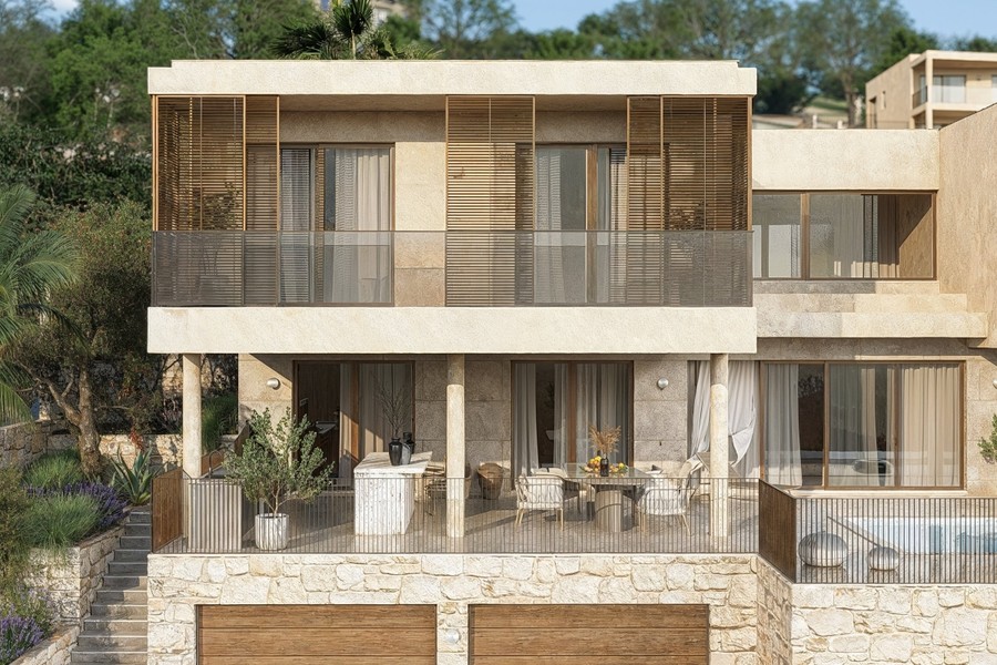 A villa előnézete teraszzal és medencével