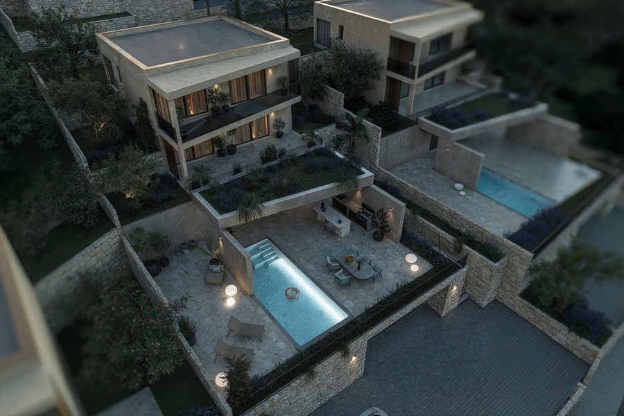 A medencés villa légi felvétele