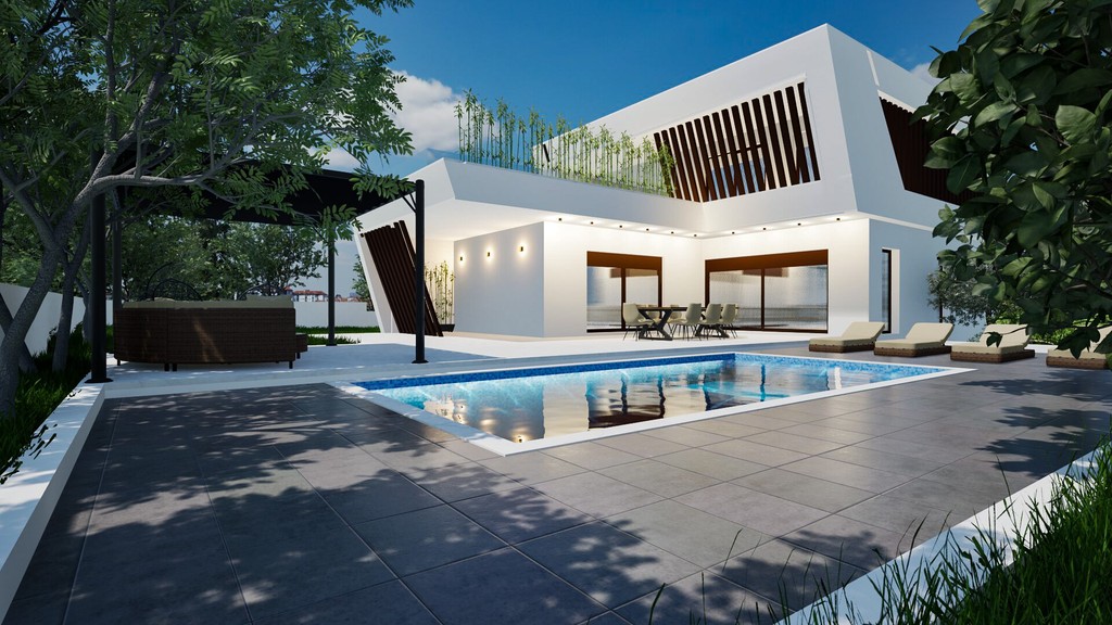 A villa látványterve úszómedencével és medencés teraszzal