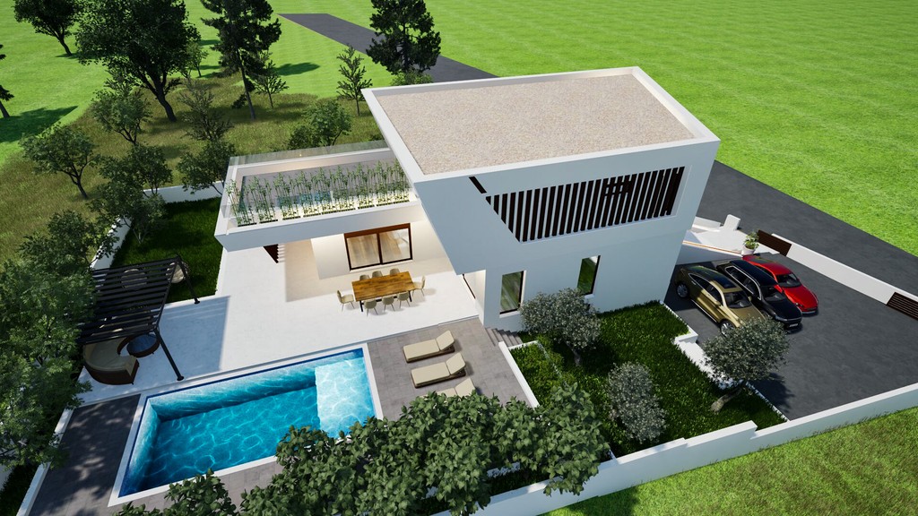 Villa medencével és bejárattal madártávlatból