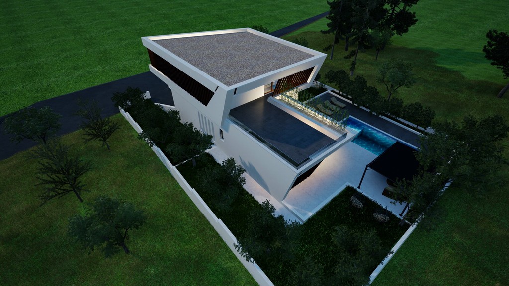 Villa teraszokkal és kerttel felülnézetből
